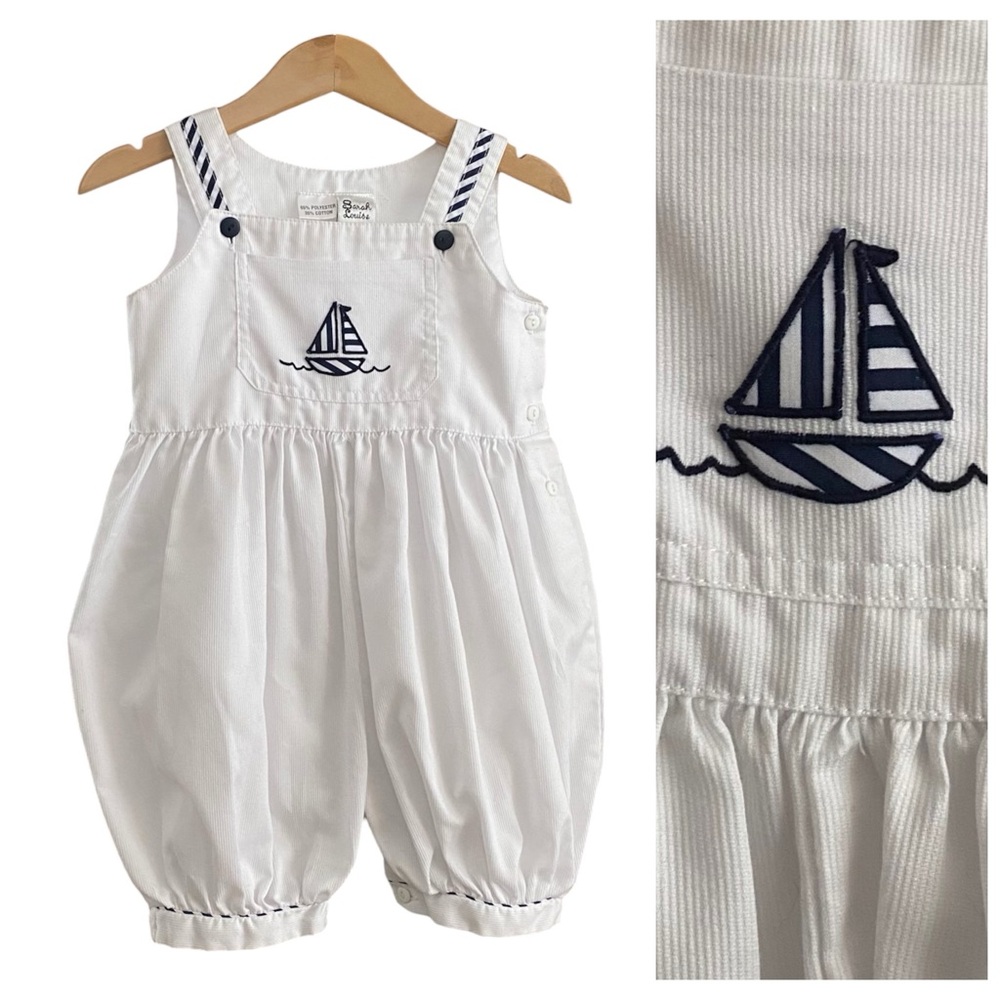 Sarah Louise White Navy Blue Sailboat Embroidered Romper 18 months
